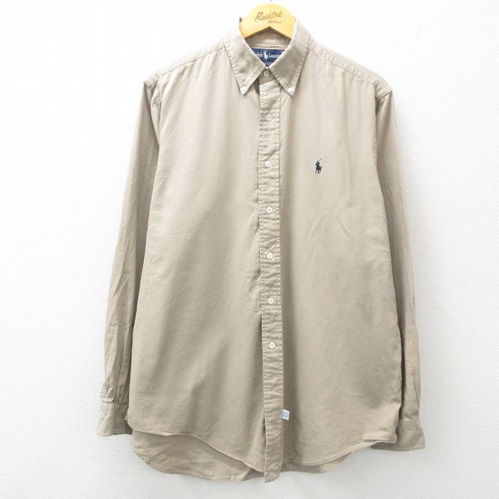 XL★古着 ラルフローレン Ralph Lauren 長袖 ブランド シャツ メンズ 90年代 90s ワンポイントロゴ ロング丈 コットン ボタンダウン ベージュ カーキ 【spe】 25mar14 中古 トップス