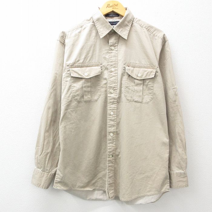 XL★古着 トミーヒルフィガー TOMMY HILFIGER 長袖 ブランド シャツ メンズ ワンポイントロゴ コットン ベージュ カーキ 25mar14 中古 トップス