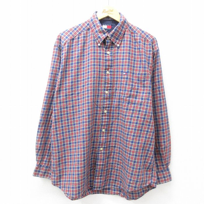 XL★古着 トミーヒルフィガー TOMMY HILFIGER 長袖 ブランド シャツ メンズ 90年代 90s ワンポイントロゴ コットン ボタンダウン 紺他 ネイビー チェック 25mar14 中古 トップス