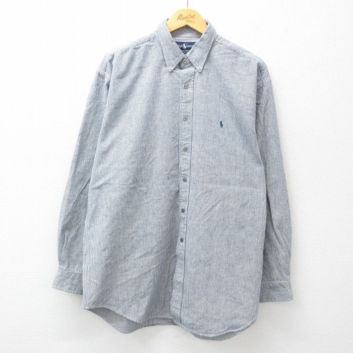 XL★古着 ラルフローレン Ralph Lauren 長袖 ブランド シャツ メンズ 90年代 90s ワンポイントロゴ 大きいサイズ ロング丈 コットン ボタンダウン 紺他 ネイビー ストライプ 25mar14 中古 トップス