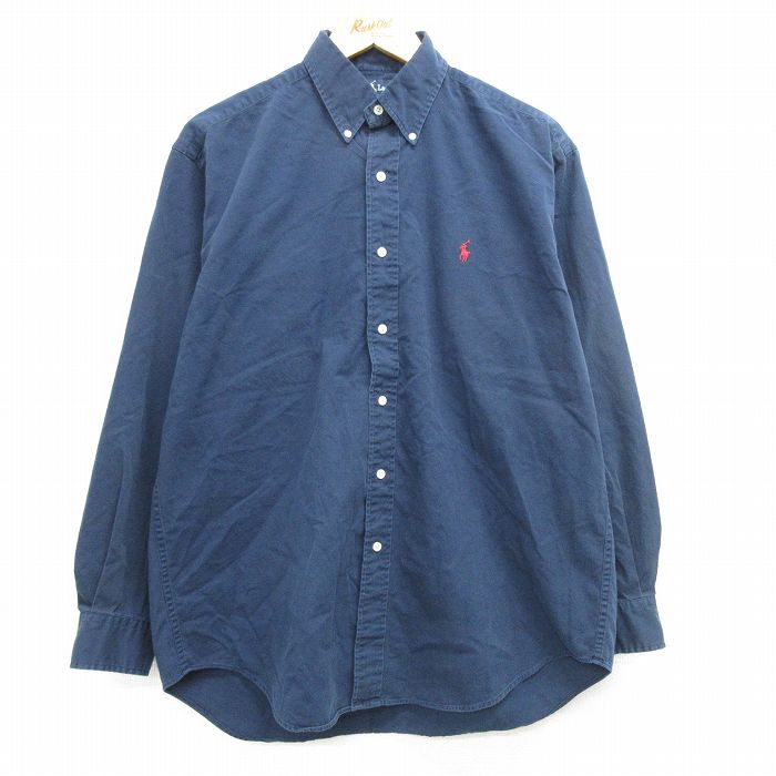 XL★古着 ラルフローレン Ralph Lauren 長袖 ブランド シャツ メンズ 90年代90s ワンポイントロゴ BLAIRE コットン ボタンダウン 紺 ネイビー 25mar15 中古 トップス