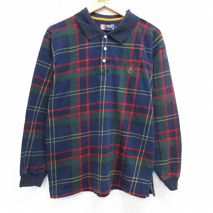 【20%OFF】L★古着 ラルフローレン Ralph Lauren チャップス 長袖 ブランド ポロ シャツ メンズ 90年代 90s ワンポイントロゴ コットン 紺他 ネイビー チェック 25mar15 中古 トップス