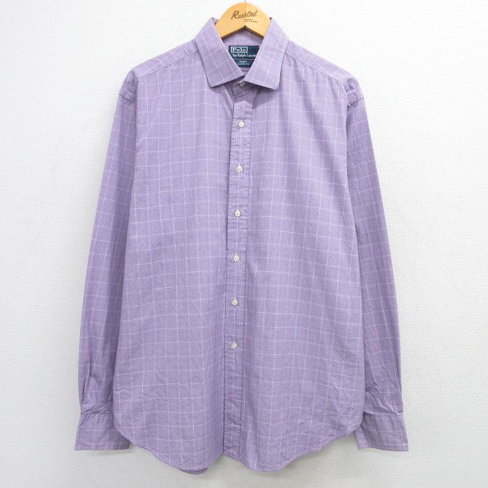 【50%OFF】XL★古着 ラルフローレン Ralph Lauren 長袖 ブランド シャツ メンズ 90年代 90s REGENT 大きいサイズ ロング丈 コットン ボタンダウン 薄紫他 パープル チェック 25mar15 中古 トップス