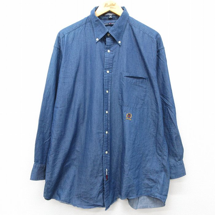 XL★古着 トミーヒルフィガー TOMMY HILFIGER 長袖 ブランド シャツ メンズ ワンポイントロゴ 薄紺 ネイビー 25mar15 中古 トップス