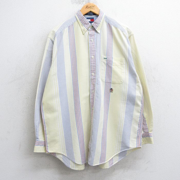 XL★古着 トミーヒルフィガー TOMMY HILFIGER 長袖 ブランド シャツ メンズ 90年代 90s ワンポイントロゴ コットン ボタンダウン 黄他 イエロー ストライプ 25mar15 中古 トップス