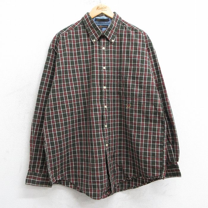 XL★古着 トミーヒルフィガー TOMMY HILFIGER 長袖 ブランド シャツ メンズ 90年代 90s ワンポイントロゴ コットン ボタンダウン 濃緑他 グリーン チェック 25mar15 中古 トップス
