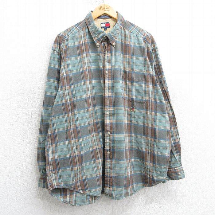 XL★古着 トミーヒルフィガー TOMMY HILFIGER 長袖 ブランド シャツ メンズ 90年代 90s 大きいサイズ コットン ボタンダウン 緑系他 グリーン チェック 25mar15 中古 トップス