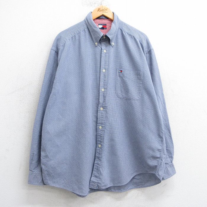 XL★古着 トミーヒルフィガー TOMMY HILFIGER 長袖 ブランド シャツ メンズ 90年代 90s ワンポイントロゴ 千鳥格子 大きいサイズ ロング丈 コットン ボタンダウン 紺他 ネイビー 【spe】 25mar15 中古 トップス