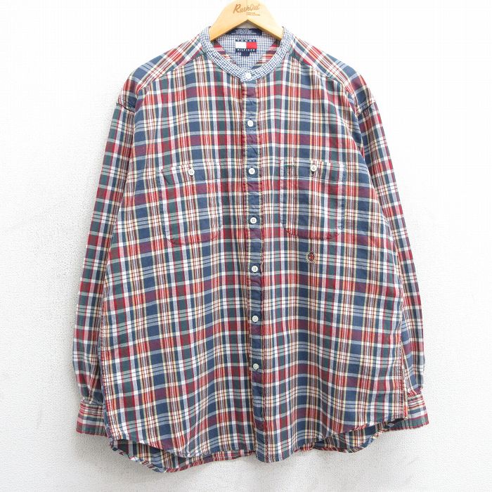 XL★古着 トミーヒルフィガー TOMMY HILFIGER 長袖 ブランド シャツ メンズ 90年代 90s ワンポイントロゴ コットン ノーカラー 紺他 ネイビー チェック 【spe】 25mar15 中古 トップス