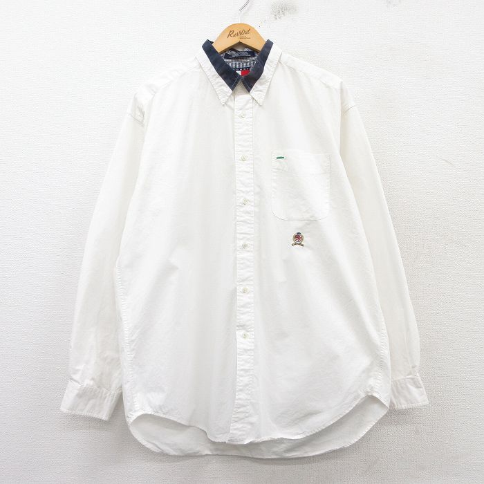 XL★古着 トミーヒルフィガー TOMMY HILFIGER 長袖 ブランド シャツ メンズ 90年代 90s ワンポイントロゴ ロング丈 コットン ボタンダウン 白 ホワイト 25mar17 中古 トップス