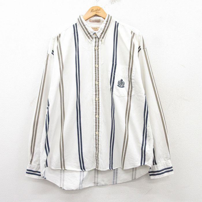 ゲス 長袖シャツ ワンポイントロゴ ホワイトストライプ XL | 古着