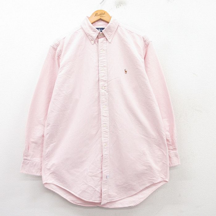 XL★古着 ラルフローレン Ralph Lauren 長袖 ブランド シャツ メンズ 90年代 90s ワンポイントロゴ YARMOUTH オックスフォード コットン ボタンダウン ピンク他 ストライプ 25mar17 中古 トップス