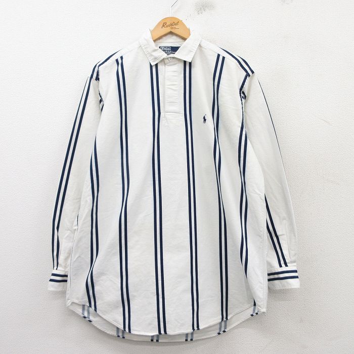 XL★古着 ラルフローレン Ralph Lauren 長袖 ブランド ラガー シャツ メンズ 90年代 90s ワンポイントロゴ 大きいサイズ ロング丈 コットン 白他 ホワイト ストライプ 25mar17 中古 トップス