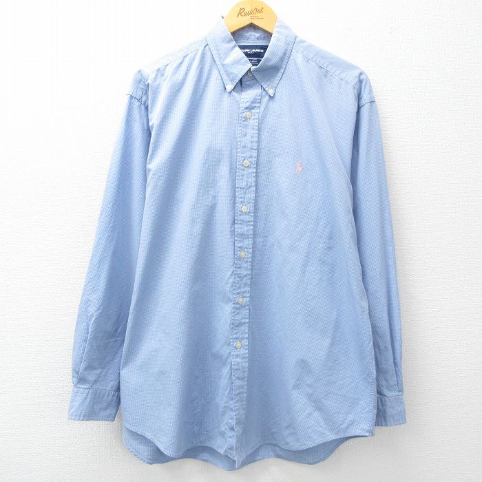 【50%OFF】XL★古着 ラルフローレン Ralph Lauren ゴルフ 長袖 ブランド シャツ メンズ 90年代 90s ワンポイントロゴ TILDEN 大きいサイズ ロング丈 コットン ボタンダウン 薄紺他 ネイビー チェック 25mar17 中古 トップス