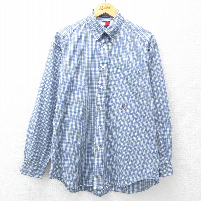 XL★古着 トミーヒルフィガー TOMMY HILFIGER 長袖 ブランド シャツ メンズ 90年代 90s ワンポイントロゴ コットン ボタンダウン 紺他 ネイビー チェック 25mar17 中古 トップス