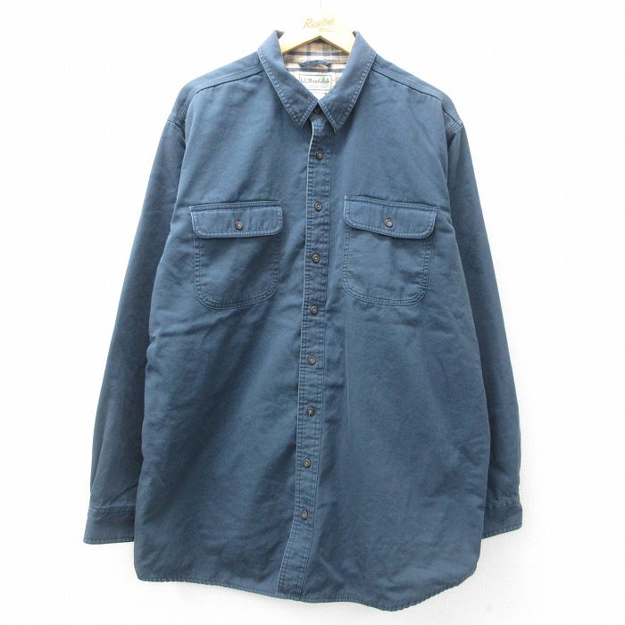 【20%OFF】XL★古着 エルエルビーン LLBEAN 長袖 ブランド シャツ メンズ 00年代 00s 大きいサイズ ロング丈 コットン 紺 ネイビー 内側フランネル 25mar17 中古 トップス
