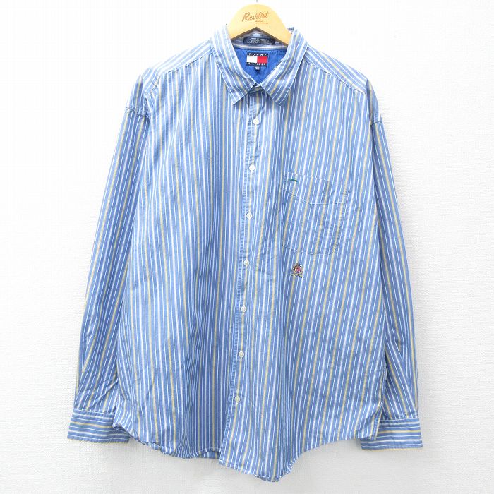 XL★古着 トミーヒルフィガー TOMMY HILFIGER 長袖 ブランド シャツ メンズ 90年代 90s 紺他 ネイビー ストライプ 25mar17 中古 トップス
