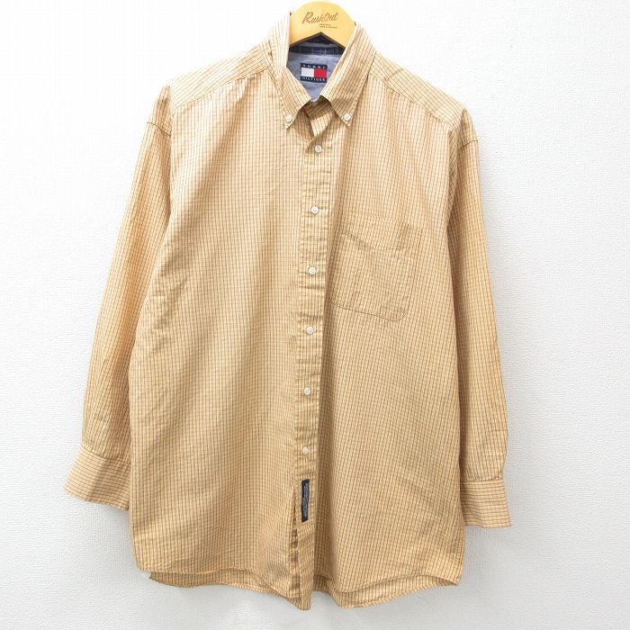 XL★古着 トミーヒルフィガー TOMMY HILFIGER 長袖 ブランド シャツ メンズ 90年代 90s 大きいサイズ コットン ボタンダウン ベージュ系他 カーキ チェック 25mar17 中古 トップス