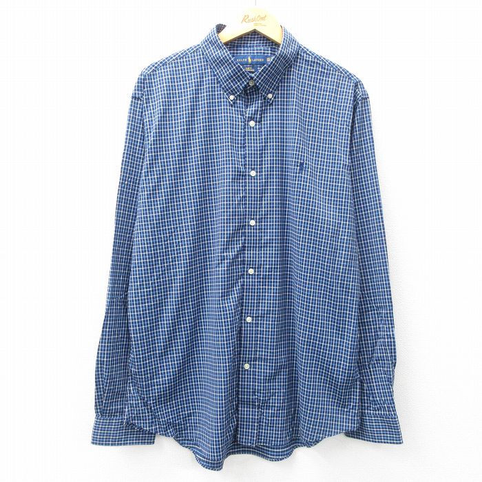 XL★古着 ラルフローレン Ralph Lauren 長袖 ブランド シャツ メンズ ワンポイントロゴ 大きいサイズ ボタンダウン 紺他 ネイビー チェック 25mar18 中古 トップス
