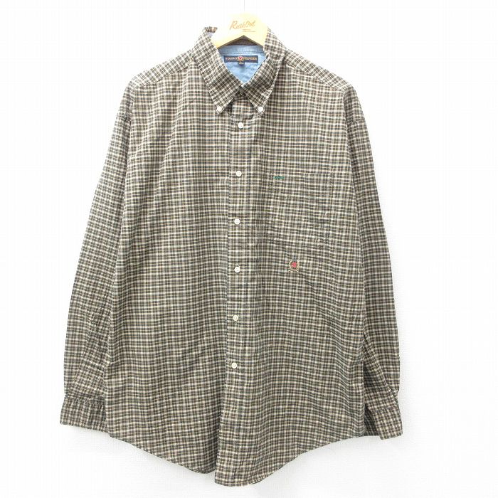 【50%OFF】XL★古着 トミーヒルフィガー TOMMY HILFIGER 長袖 ブランド シャツ メンズ ワンポイントロゴ 大きいサイズ ロング丈 コットン ボタンダウン 緑他 グリーン チェック 25mar18 中古 トップス