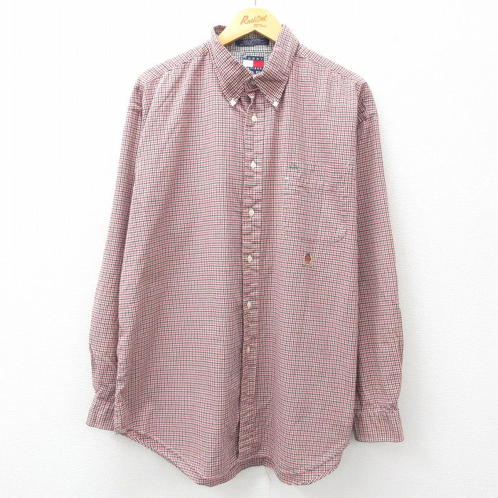 【50%OFF】XL★古着 トミーヒルフィガー TOMMY HILFIGER 長袖 ブランド シャツ メンズ 90年代 90s ワンポイントロゴ 大きいサイズ コットン ボタンダウン 赤他 レッド チェック 25mar18 中古 トップス