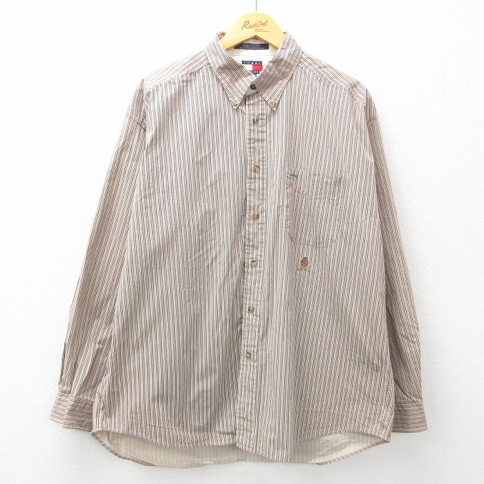 【50%OFF】XL★古着 トミーヒルフィガー TOMMY HILFIGER 長袖 ブランド シャツ メンズ 90年代 90s ワンポイントロゴ 大きいサイズ コットン ボタンダウン ベージュ他 カーキ ストライプ 25mar18 中古 トップス