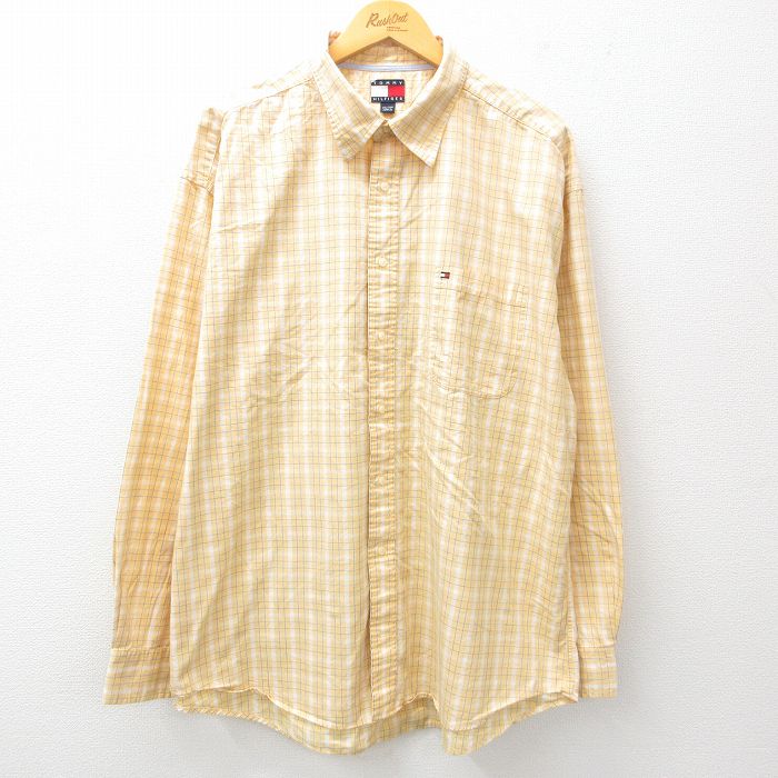 XL★古着 トミーヒルフィガー TOMMY HILFIGER 長袖 ブランド シャツ メンズ 90年代 90s ワンポイントロゴ 大きいサイズ コットン 黄他 イエロー チェック 25mar18 中古 トップス