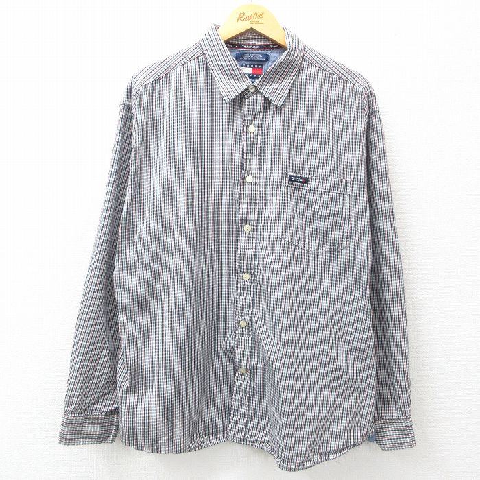 XL★古着 トミーヒルフィガー TOMMY HILFIGER 長袖 ブランド シャツ メンズ 90年代 90s ワンポイントロゴ 大きいサイズ コットン 紺他 ネイビー チェック 25mar18 中古 トップス