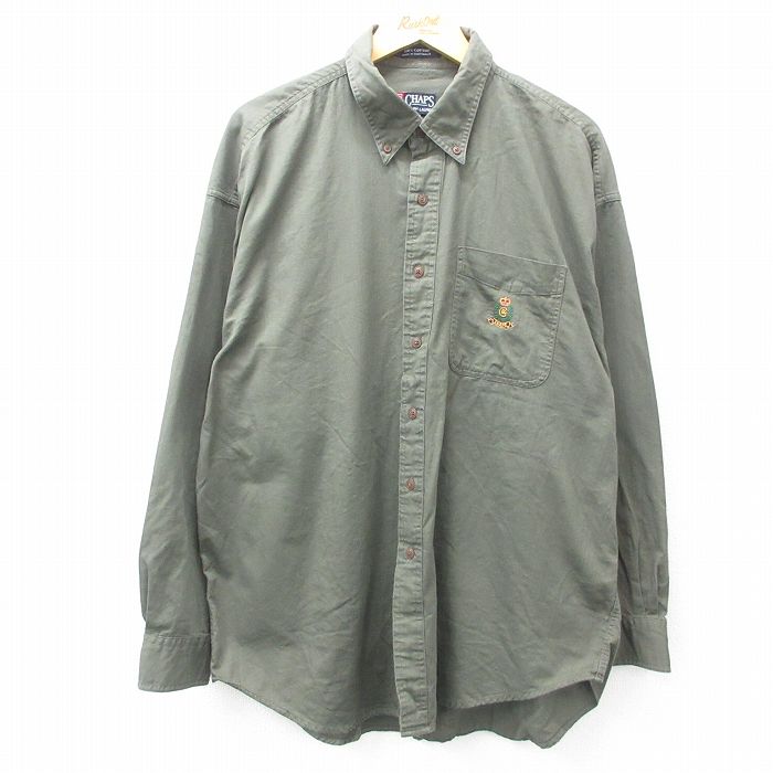 XL★古着 ラルフローレン Ralph Lauren チャップス 長袖 ブランド シャツ メンズ 90年代 90s ワンポイントロゴ 大きいサイズ コットン ボタンダウン 濃緑 グリーン 25mar18 中古 トップス
