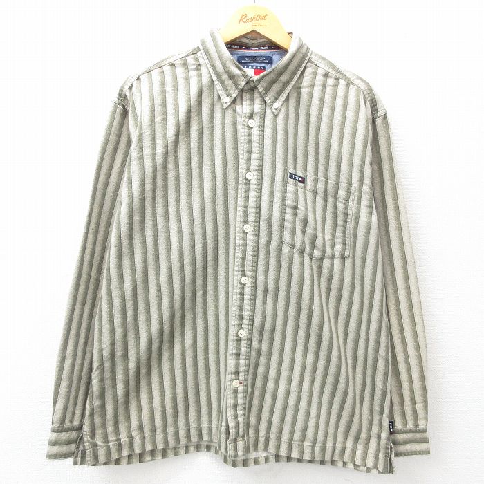 トミーヒルフィガー 90s 長袖シャツ ワンポイントロゴ グリーンストライプ XL | 古着