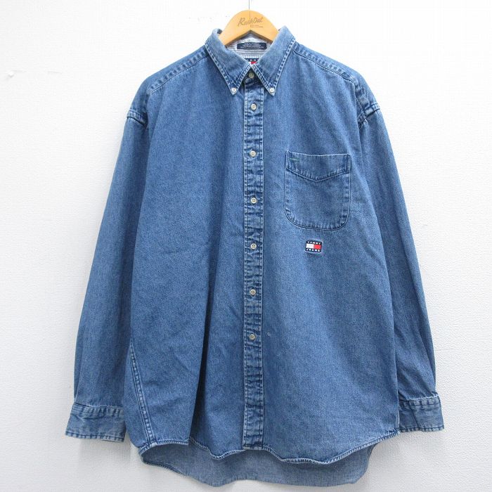【50%OFF】XL★古着 トミーヒルフィガー TOMMY HILFIGER 長袖 ブランド シャツ メンズ 90年代 90s ワンポイントロゴ 大きいサイズ ロング丈 コットン ボタンダウン 紺 ネイビー デニム 25mar19 中古 トップス