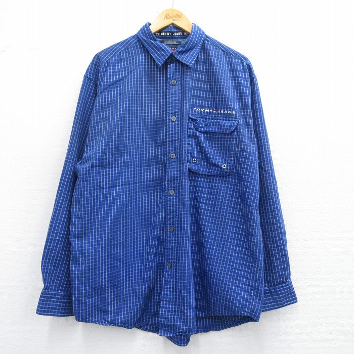 【50%OFF】XL★古着 トミーヒルフィガー TOMMY HILFIGER トミージーンズ 長袖 ブランド シャツ メンズ 90年代 90s ワンポイントロゴ ロング丈 コットン 紺他 ネイビー チェック 25mar19 中古 トップス