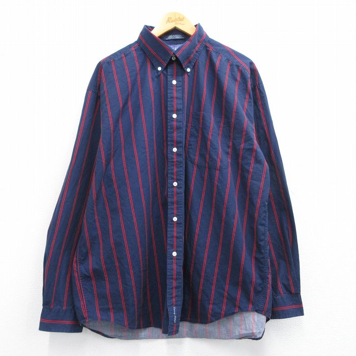 XL★古着 トミーヒルフィガー TOMMY HILFIGER 長袖 ブランド シャツ メンズ 大きいサイズ ロング丈 コットン ボタンダウン 紺他 ネイビー ストライプ 25mar19 中古 トップス