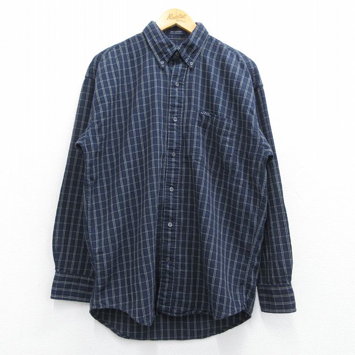 L★古着 ラルフローレン Ralph Lauren チャップス 長袖 ブランド シャツ メンズ 90年代 90s ワンポイントロゴ コットン ボタンダウン 紺他 ネイビー チェック 25mar19 中古 トップス