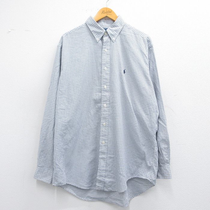 XL★古着 ラルフローレン Ralph Lauren 長袖 ブランド シャツ メンズ 90年代 90s YARMOUTH ワンポイントロゴ 大きいサイズ ロング丈 コットン ボタンダウン 白他 ホワイト チェック 25mar19 中古 トップス