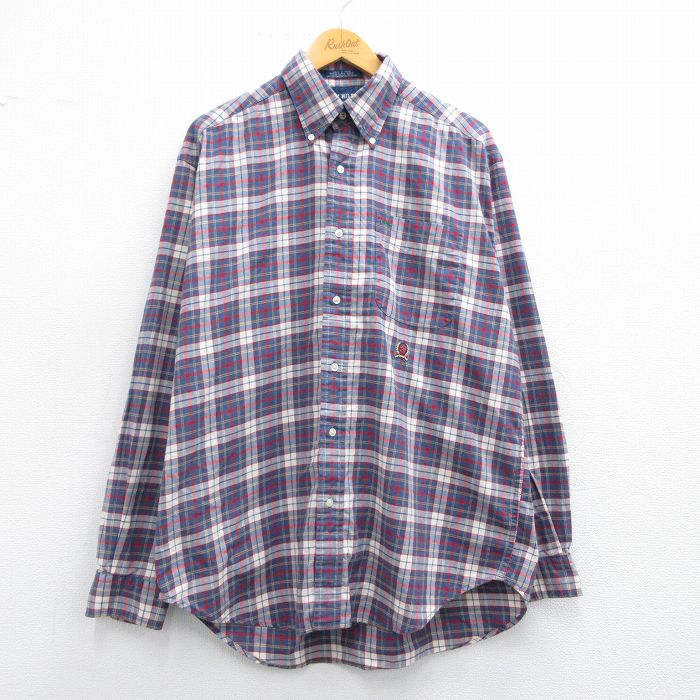 【50%OFF】XL★古着 トミーヒルフィガー TOMMY HILFIGER 長袖 ブランド シャツ メンズ ワンポイントロゴ ロング丈 コットン ボタンダウン 紺他 ネイビー チェック 25mar19 中古 トップス