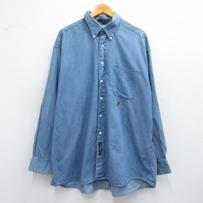 【20%OFF】XL★古着 トミーヒルフィガー TOMMY HILFIGER 長袖 ブランド シャツ メンズ ワンポイントロゴ 大きいサイズ ロング丈 コットン ボタンダウン 紺 ネイビー デニム 25mar19 中古 トップス