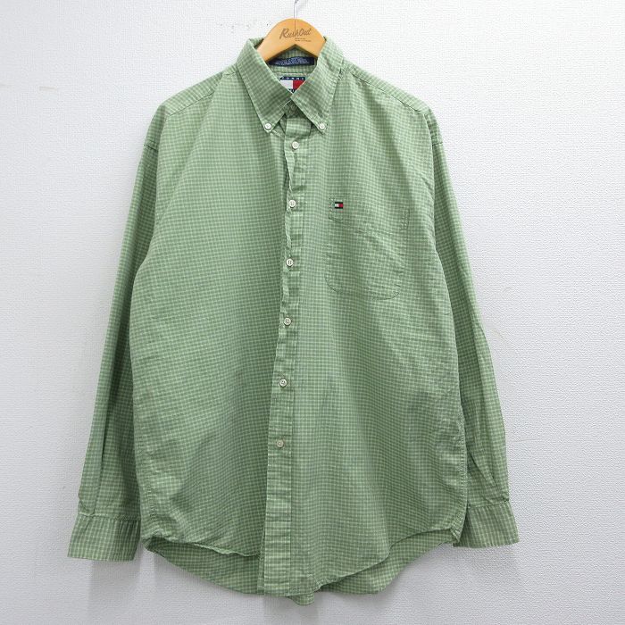XL★古着 トミーヒルフィガー TOMMY HILFIGER 長袖 ブランド シャツ メンズ 90年代 90s ワンポイントロゴ ロング丈 コットン ボタンダウン 緑他 グリーン チェック 25mar19 中古 トップス