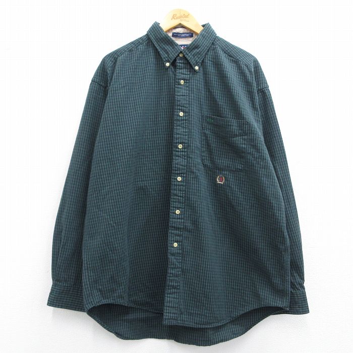 XL★古着 トミーヒルフィガー TOMMY HILFIGER 長袖 ブランド シャツ メンズ 90年代 90s ワンポイントロゴ 大きいサイズ コットン ボタンダウン 緑他 グリーン チェック 25mar19 中古 トップス
