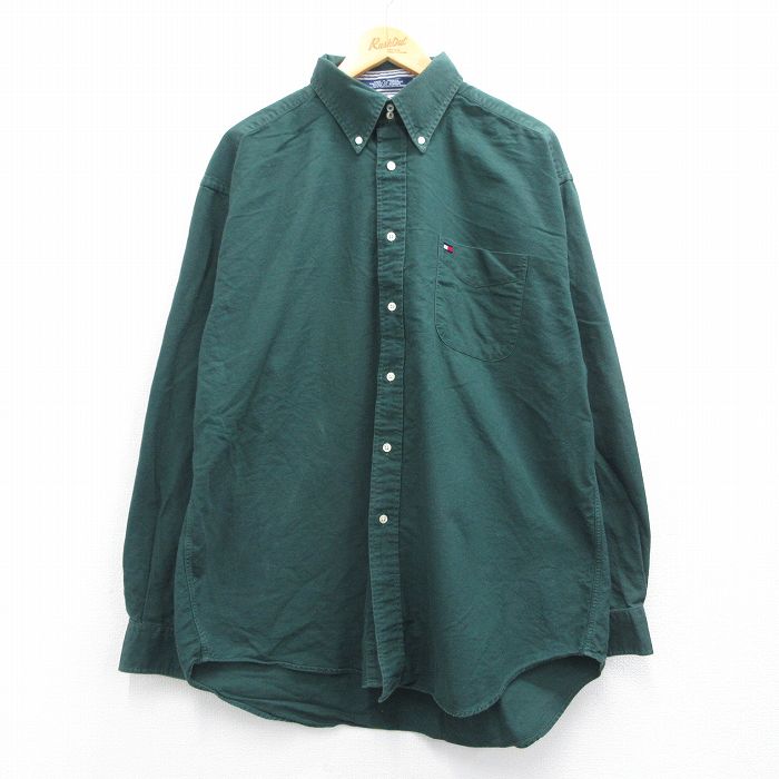XL★古着 トミーヒルフィガー TOMMY HILFIGER 長袖 ブランド シャツ メンズ 90年代 90s ワンポイントロゴ 大きいサイズ コットン ボタンダウン 緑 グリーン 25mar19 中古 トップス