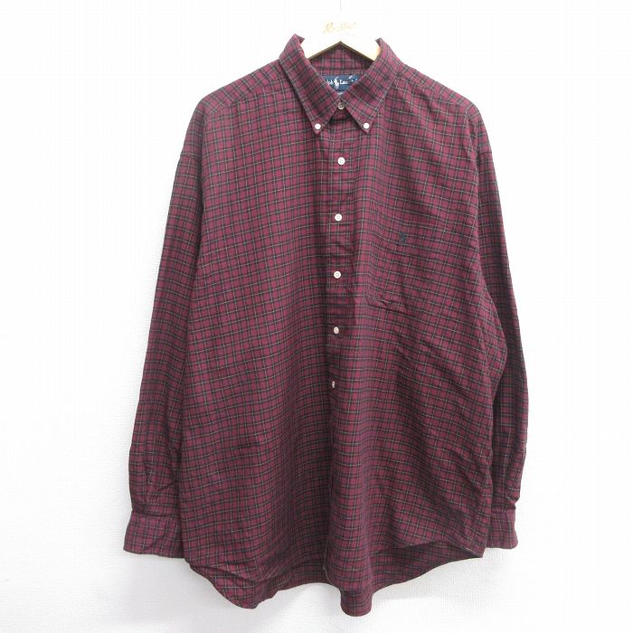 XL★古着 ラルフローレン Ralph Lauren 長袖 ブランド シャツ メンズ 90年代 90s BIG SHIRT ワンポイントロゴ 大きいサイズ ロング丈 コットン ボタンダウン エンジ他 チェック 【spe】 25mar19 中古 トップス
