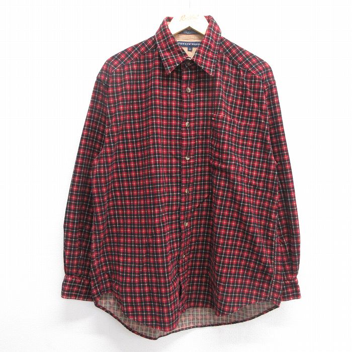 【20%OFF】XL★古着 トミーヒルフィガー TOMMY HILFIGER 長袖 ブランド シャツ メンズ コーデュロイ ワンポイントロゴ コットン 赤他 レッド チェック 25mar19 中古 トップス