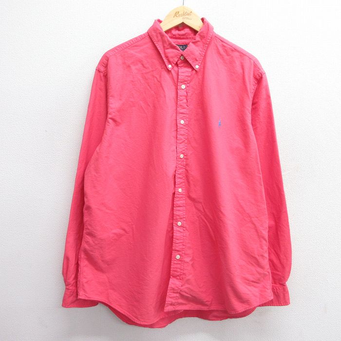 XL★古着 ラルフローレン Ralph Lauren 長袖 ブランド シャツ メンズ ワンポイントロゴ 大きいサイズ ロング丈 コットン ボタンダウン ピンク系 25mar19 中古 トップス