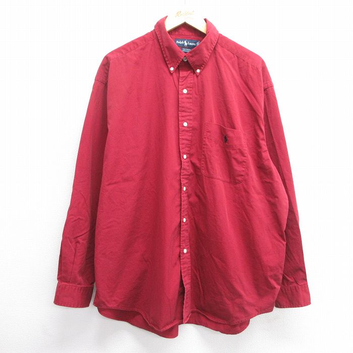 XL★古着 ラルフローレン Ralph Lauren 長袖 ブランド シャツ メンズ 90年代 90s BIG SHIRT ワンポイントロゴ 大きいサイズ ロング丈 コットン ボタンダウン エンジ 【spe】 25mar19 中古 トップス