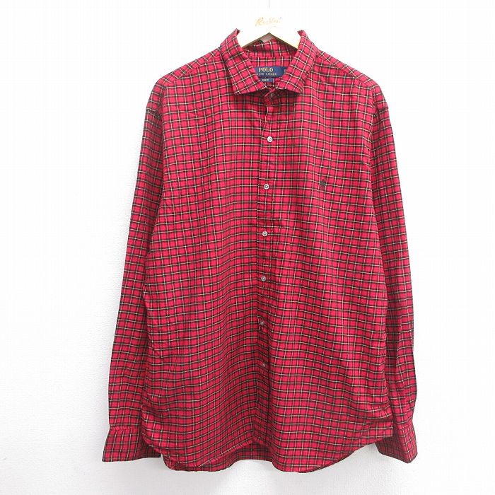 【50%OFF】XL★古着 ラルフローレン Ralph Lauren 長袖 ブランド シャツ メンズ ワンポイントロゴ ロング丈 コットン 赤他 レッド チェック 25mar19 中古 トップス