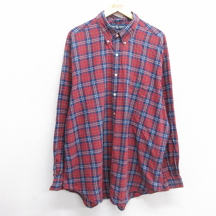 【20%OFF】XL★古着 ラルフローレン Ralph Lauren 長袖 ブランド シャツ メンズ 90年代 90s BLAIRE ワンポイントロゴ 大きいサイズ ロング丈 コットン ボタンダウン 紺他 ネイビー チェック 25mar19 中古 トップス
