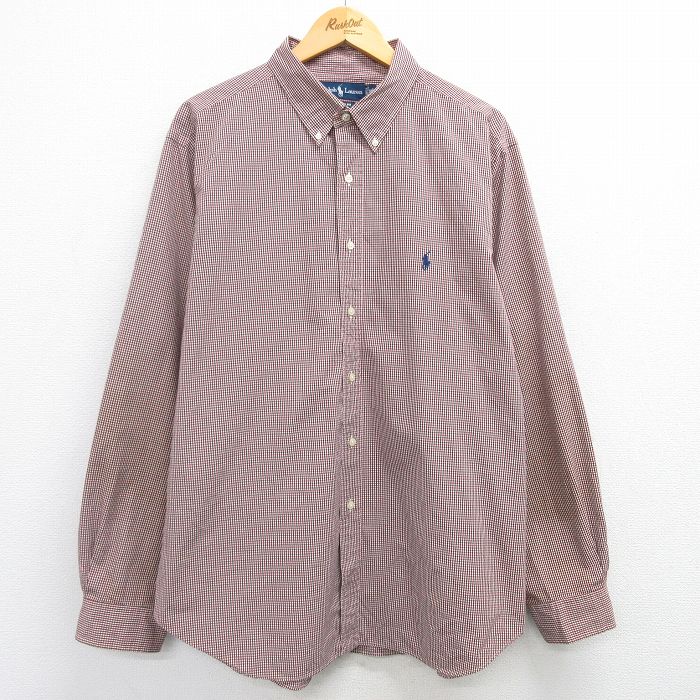 XL★古着 ラルフローレン Ralph Lauren 長袖 ブランド シャツ メンズ 90年代 90s ワンポイントロゴ 大きいサイズ ロング丈 コットン ボタンダウン 赤他 レッド チェック 25mar19 中古 トップス
