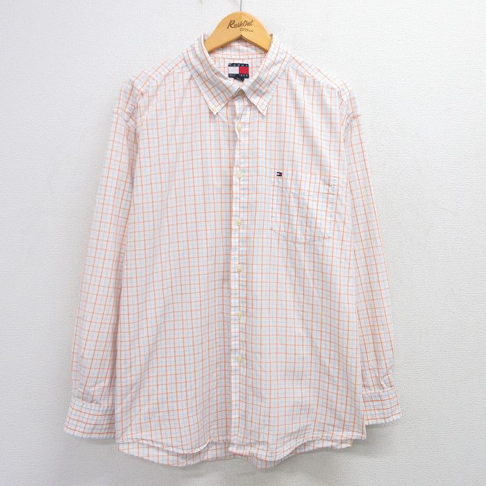 XL★古着 トミーヒルフィガー TOMMY HILFIGER 長袖 ブランド シャツ メンズ 90年代 90s ワンポイントロゴ コットン ボタンダウン 白他 ホワイト チェック 25mar19 中古 トップス