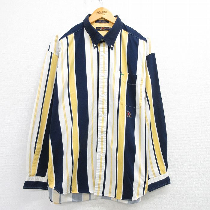 XL★古着 トミーヒルフィガー TOMMY HILFIGER 長袖 ブランド シャツ メンズ ワンポイントロゴ 大きいサイズ コットン ボタンダウン 黄他 イエロー ストライプ 25mar19 中古 トップス