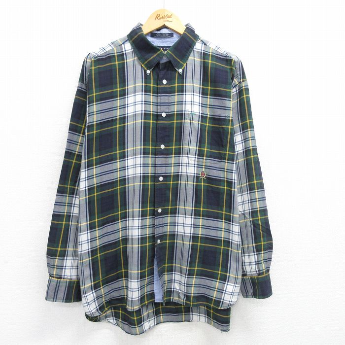 XL★古着 トミーヒルフィガー TOMMY HILFIGER 長袖 ブランド シャツ メンズ ワンポイントロゴ 大きいサイズ コットン ボタンダウン 緑他 グリーン チェック 25mar19 中古 トップス